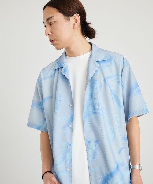 City Ambient Products(シティアンビエントプロダクツ)の「City Ambient Products: オープン カラー メッシュ プリント シャツ(シャツ/ブラウス・メンズ・オフホワイト/ブラック/ライトブルー・SMALL/MEDIUM/LARGE)」の1枚目の写真