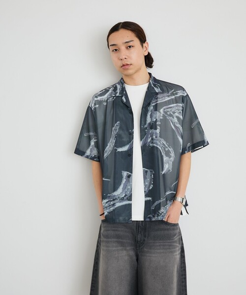City Ambient Products(シティアンビエントプロダクツ)の「City Ambient Products: オープン カラー メッシュ プリント シャツ(シャツ/ブラウス・メンズ・オフホワイト/ブラック/ライトブルー・SMALL/MEDIUM/LARGE)」の3枚目の写真