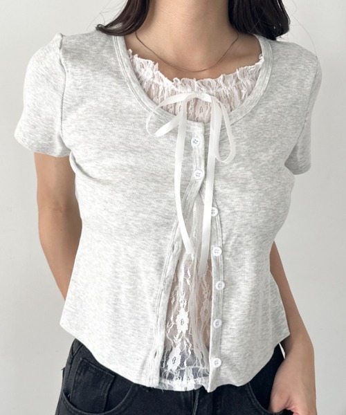 wears（ウェアーズ）の「レースレイヤード リボントップス カーディガン（Tシャツ/カットソー・レディース・ホワイト/グレー/ブルー・FREE）」の2枚目の写真