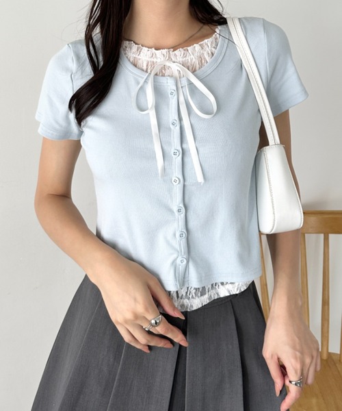 wears（ウェアーズ）の「レースレイヤード リボントップス カーディガン（Tシャツ/カットソー・レディース・ホワイト/グレー/ブルー・FREE）」の3枚目の写真