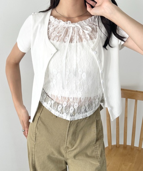 wears（ウェアーズ）の「レースレイヤード リボントップス カーディガン（Tシャツ/カットソー・レディース・ホワイト/グレー/ブルー・FREE）」の4枚目の写真