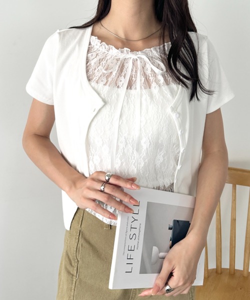 wears（ウェアーズ）の「レースレイヤード リボントップス カーディガン（Tシャツ/カットソー・レディース・ホワイト/グレー/ブルー・FREE）」の6枚目の写真