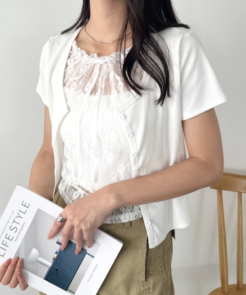 wears（ウェアーズ）の「レースレイヤード リボントップス カーディガン（Tシャツ/カットソー・レディース・ホワイト/グレー/ブルー・FREE）」の7枚目の写真