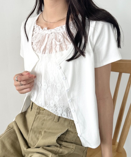 wears（ウェアーズ）の「レースレイヤード リボントップス カーディガン（Tシャツ/カットソー・レディース・ホワイト/グレー/ブルー・FREE）」の9枚目の写真