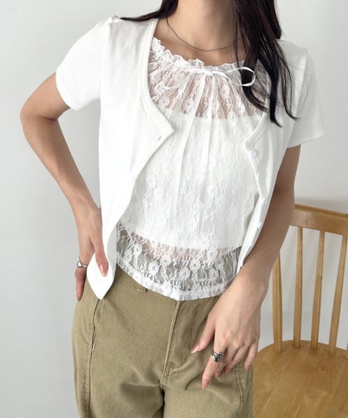 wears（ウェアーズ）の「レースレイヤード リボントップス カーディガン（Tシャツ/カットソー・レディース・ホワイト/グレー/ブルー・FREE）」の8枚目の写真