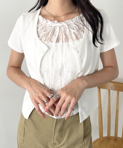 wears（ウェアーズ）の「レースレイヤード リボントップス カーディガン（Tシャツ/カットソー・レディース・ホワイト/グレー/ブルー・FREE）」の5枚目の写真