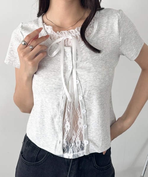wears（ウェアーズ）の「レースレイヤード リボントップス カーディガン（Tシャツ/カットソー・レディース・ホワイト/グレー/ブルー・FREE）」の10枚目の写真