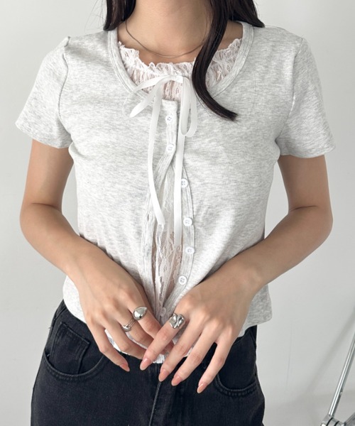 wears（ウェアーズ）の「レースレイヤード リボントップス カーディガン（Tシャツ/カットソー・レディース・ホワイト/グレー/ブルー・FREE）」の11枚目の写真