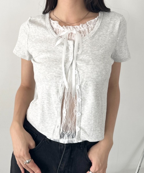 wears（ウェアーズ）の「レースレイヤード リボントップス カーディガン（Tシャツ/カットソー・レディース・ホワイト/グレー/ブルー・FREE）」の12枚目の写真