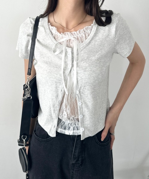 wears（ウェアーズ）の「レースレイヤード リボントップス カーディガン（Tシャツ/カットソー・レディース・ホワイト/グレー/ブルー・FREE）」の15枚目の写真