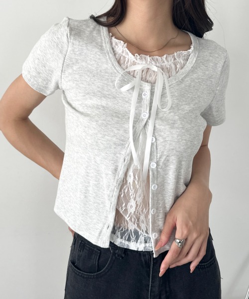 wears（ウェアーズ）の「レースレイヤード リボントップス カーディガン（Tシャツ/カットソー・レディース・ホワイト/グレー/ブルー・FREE）」の13枚目の写真