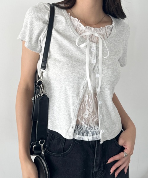 wears（ウェアーズ）の「レースレイヤード リボントップス カーディガン（Tシャツ/カットソー・レディース・ホワイト/グレー/ブルー・FREE）」の14枚目の写真