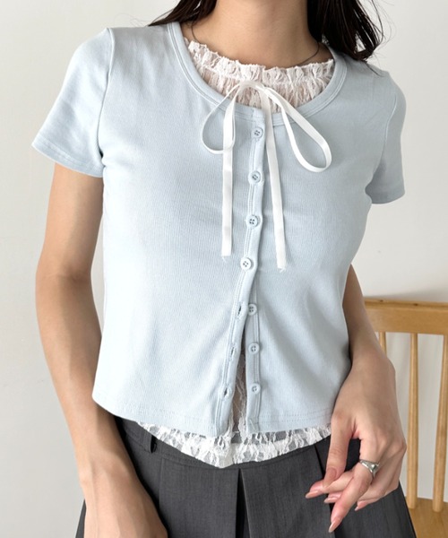 wears（ウェアーズ）の「レースレイヤード リボントップス カーディガン（Tシャツ/カットソー・レディース・ホワイト/グレー/ブルー・FREE）」の17枚目の写真
