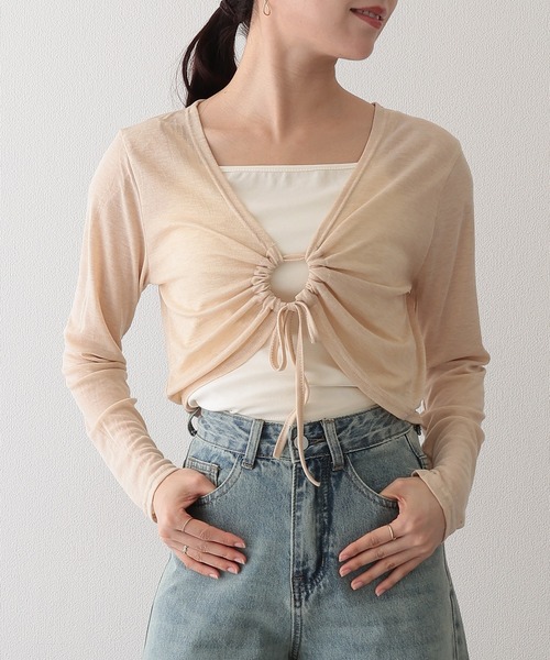 Lace Ladies(レースレディース)の「フロント ドロスト 長袖 ショート トップス キャミソール 2点セット(アンサンブル・レディース・ホワイト/アイボリー/モカ/ブラック・FREE)」の2枚目の写真