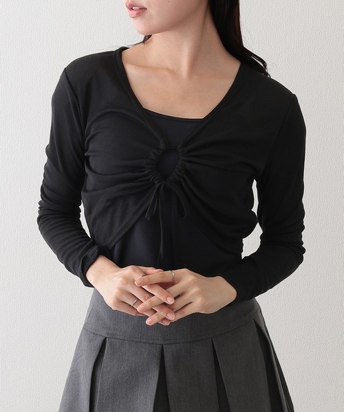 Lace Ladies(レースレディース)の「フロント ドロスト 長袖 ショート トップス キャミソール 2点セット(アンサンブル・レディース・ホワイト/アイボリー/モカ/ブラック・FREE)」の3枚目の写真