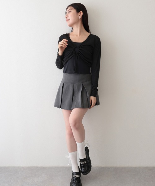 Lace Ladies(レースレディース)の「フロント ドロスト 長袖 ショート トップス キャミソール 2点セット(アンサンブル・レディース・ホワイト/アイボリー/モカ/ブラック・FREE)」の6枚目の写真