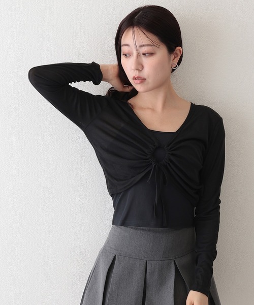 Lace Ladies(レースレディース)の「フロント ドロスト 長袖 ショート トップス キャミソール 2点セット(アンサンブル・レディース・ホワイト/アイボリー/モカ/ブラック・FREE)」の8枚目の写真