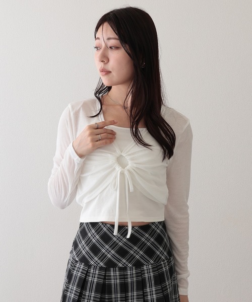 Lace Ladies(レースレディース)の「フロント ドロスト 長袖 ショート トップス キャミソール 2点セット(アンサンブル・レディース・ホワイト/アイボリー/モカ/ブラック・FREE)」の14枚目の写真
