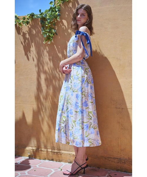 Estella.K モノクロマティックプリントドレス Bianca Ribbon Dress オフショルプリントリボンドレス