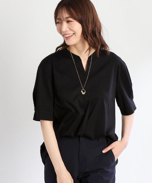 Reflect(リフレクト)の「【すっきり見え!長め丈/マシンウォッシュ可】スキッパーネックジャージトップス(Tシャツ/カットソー・レディース・ブルー/ナチュラル/ワインレッド/ブラック・15 /11/09/07/05/17/13)」の9枚目の写真