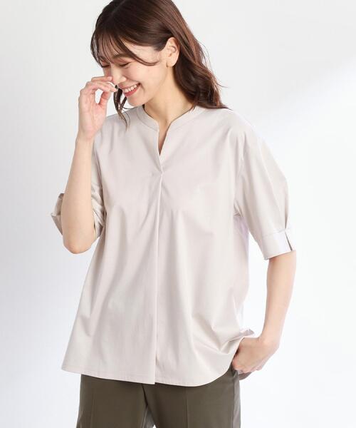 Reflect(リフレクト)の「【すっきり見え!長め丈/マシンウォッシュ可】スキッパーネックジャージトップス(Tシャツ/カットソー・レディース・ブルー/ナチュラル/ワインレッド/ブラック・15 /11/09/07/05/17/13)」の14枚目の写真