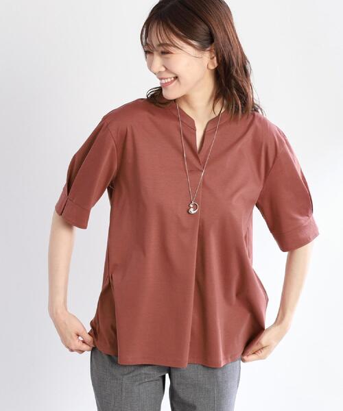 Reflect(リフレクト)の「【すっきり見え!長め丈/マシンウォッシュ可】スキッパーネックジャージトップス(Tシャツ/カットソー・レディース・ブルー/ナチュラル/ワインレッド/ブラック・15 /11/09/07/05/17/13)」の18枚目の写真