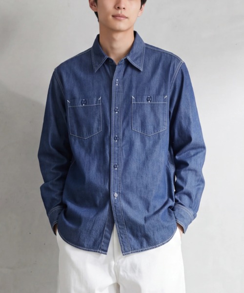 HOUSTON(ヒューストン)の「【T13】【HOUSTON】USA COTTON CHAMBRAY LONGSLEEVE SHIRT 41092(シャツ/ブラウス・メンズ・ブルー系その他/ブルー系その他2/インディゴブルー・15 /18/16/17)」の2枚目の写真