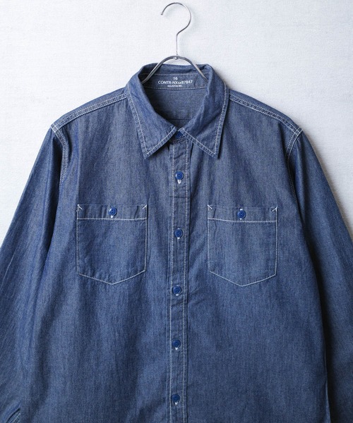 HOUSTON(ヒューストン)の「【T13】【HOUSTON】USA COTTON CHAMBRAY LONGSLEEVE SHIRT 41092(シャツ/ブラウス・メンズ・ブルー系その他/ブルー系その他2/インディゴブルー・15 /18/16/17)」の4枚目の写真