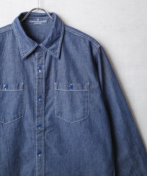 HOUSTON(ヒューストン)の「【T13】【HOUSTON】USA COTTON CHAMBRAY LONGSLEEVE SHIRT 41092(シャツ/ブラウス・メンズ・ブルー系その他/ブルー系その他2/インディゴブルー・15 /18/16/17)」の8枚目の写真