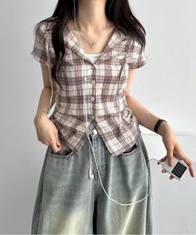 フード&ドローストリング付き 格子柄シャツ
