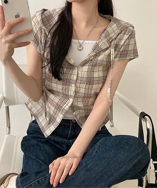 MAISON DE THERESE（メゾン ド テレーズ）の「フード＆ドローストリング付き 格子柄シャツ（シャツ/ブラウス・レディース・ネイビー/グリーン/ベージュ・S/M/L/XL/X-LARGE）」の2枚目の写真