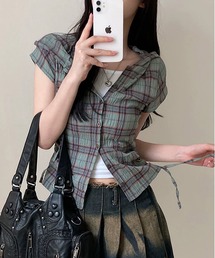 フード&ドローストリング付き 格子柄シャツ