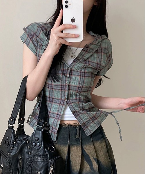 MAISON DE THERESE（メゾン ド テレーズ）の「フード＆ドローストリング付き 格子柄シャツ（シャツ/ブラウス・レディース・ネイビー/グリーン/ベージュ・S/M/L/XL/X-LARGE）」の3枚目の写真