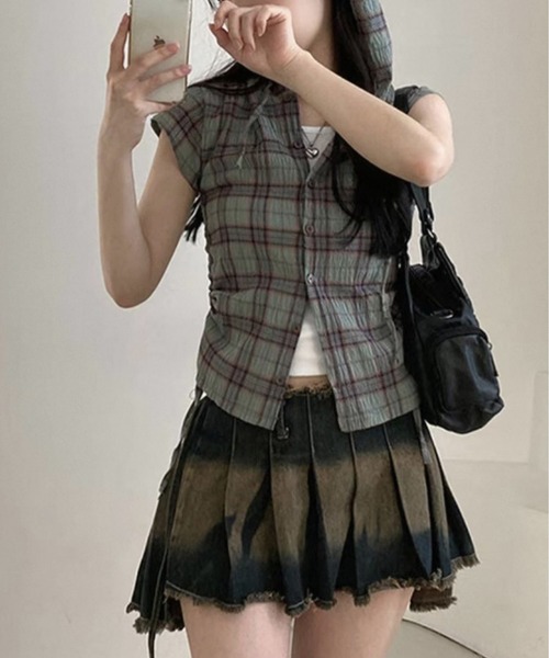 MAISON DE THERESE（メゾン ド テレーズ）の「フード＆ドローストリング付き 格子柄シャツ（シャツ/ブラウス・レディース・ネイビー/グリーン/ベージュ・S/M/L/XL/X-LARGE）」の4枚目の写真