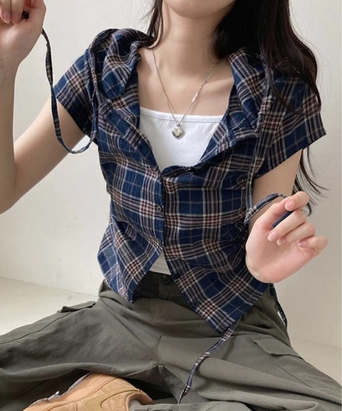 MAISON DE THERESE（メゾン ド テレーズ）の「フード＆ドローストリング付き 格子柄シャツ（シャツ/ブラウス・レディース・ネイビー/グリーン/ベージュ・S/M/L/XL/X-LARGE）」の8枚目の写真