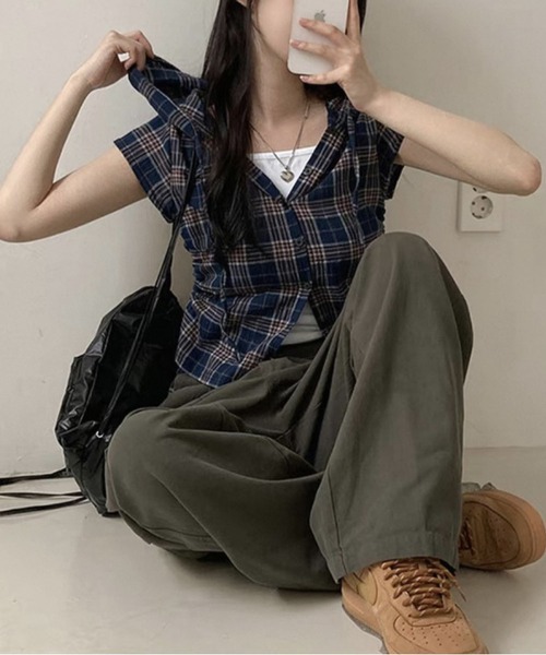 MAISON DE THERESE（メゾン ド テレーズ）の「フード＆ドローストリング付き 格子柄シャツ（シャツ/ブラウス・レディース・ネイビー/グリーン/ベージュ・S/M/L/XL/X-LARGE）」の9枚目の写真