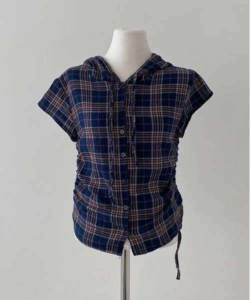 MAISON DE THERESE（メゾン ド テレーズ）の「フード＆ドローストリング付き 格子柄シャツ（シャツ/ブラウス・レディース・ネイビー/グリーン/ベージュ・S/M/L/XL/X-LARGE）」の10枚目の写真