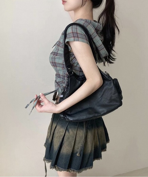 MAISON DE THERESE（メゾン ド テレーズ）の「フード＆ドローストリング付き 格子柄シャツ（シャツ/ブラウス・レディース・ネイビー/グリーン/ベージュ・S/M/L/XL/X-LARGE）」の7枚目の写真