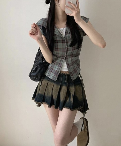 MAISON DE THERESE（メゾン ド テレーズ）の「フード＆ドローストリング付き 格子柄シャツ（シャツ/ブラウス・レディース・ネイビー/グリーン/ベージュ・S/M/L/XL/X-LARGE）」の6枚目の写真