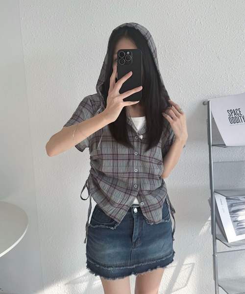 MAISON DE THERESE（メゾン ド テレーズ）の「フード＆ドローストリング付き 格子柄シャツ（シャツ/ブラウス・レディース・ネイビー/グリーン/ベージュ・S/M/L/XL/X-LARGE）」の13枚目の写真