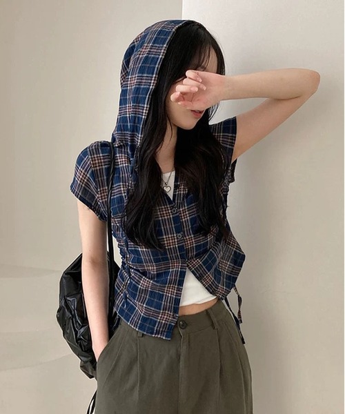 MAISON DE THERESE（メゾン ド テレーズ）の「フード＆ドローストリング付き 格子柄シャツ（シャツ/ブラウス・レディース・ネイビー/グリーン/ベージュ・S/M/L/XL/X-LARGE）」の17枚目の写真