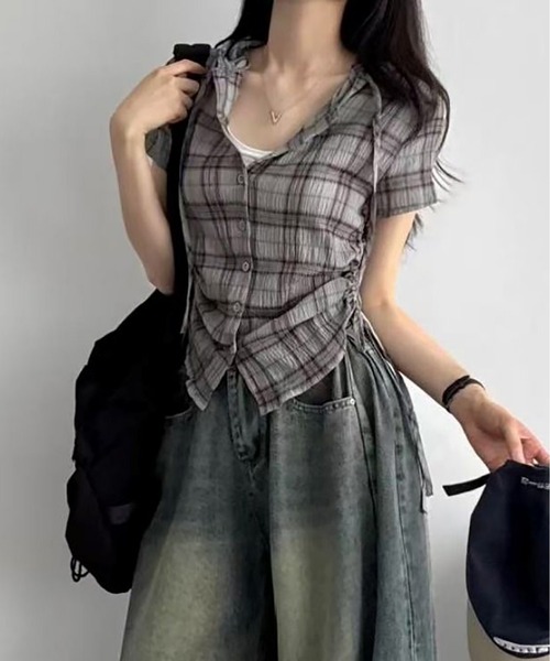 MAISON DE THERESE（メゾン ド テレーズ）の「フード＆ドローストリング付き 格子柄シャツ（シャツ/ブラウス・レディース・ネイビー/グリーン/ベージュ・S/M/L/XL/X-LARGE）」の21枚目の写真