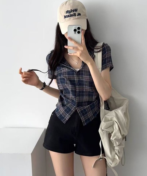 MAISON DE THERESE（メゾン ド テレーズ）の「フード＆ドローストリング付き 格子柄シャツ（シャツ/ブラウス・レディース・ネイビー/グリーン/ベージュ・S/M/L/XL/X-LARGE）」の18枚目の写真