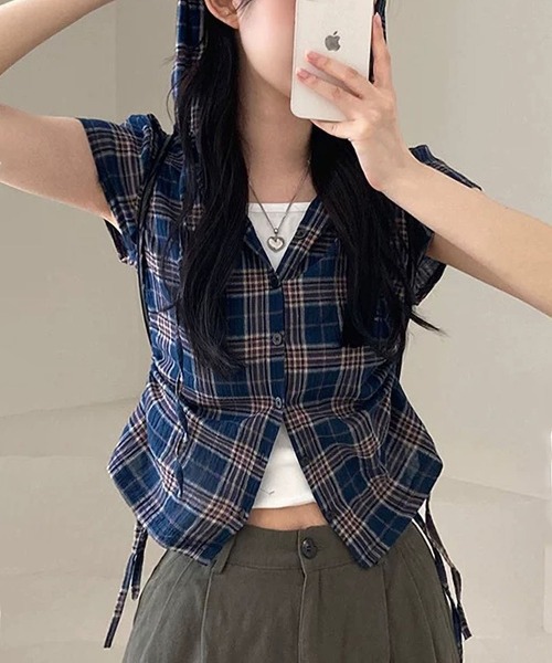 MAISON DE THERESE（メゾン ド テレーズ）の「フード＆ドローストリング付き 格子柄シャツ（シャツ/ブラウス・レディース・ネイビー/グリーン/ベージュ・S/M/L/XL/X-LARGE）」の19枚目の写真