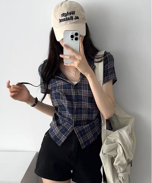 MAISON DE THERESE（メゾン ド テレーズ）の「フード＆ドローストリング付き 格子柄シャツ（シャツ/ブラウス・レディース・ネイビー/グリーン/ベージュ・S/M/L/XL/X-LARGE）」の18枚目の写真