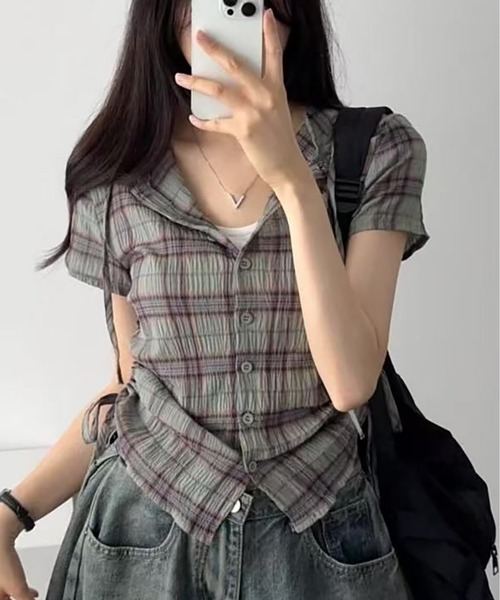 MAISON DE THERESE（メゾン ド テレーズ）の「フード＆ドローストリング付き 格子柄シャツ（シャツ/ブラウス・レディース・ネイビー/グリーン/ベージュ・S/M/L/XL/X-LARGE）」の20枚目の写真