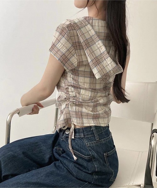 MAISON DE THERESE（メゾン ド テレーズ）の「フード＆ドローストリング付き 格子柄シャツ（シャツ/ブラウス・レディース・ネイビー/グリーン/ベージュ・S/M/L/XL/X-LARGE）」の15枚目の写真