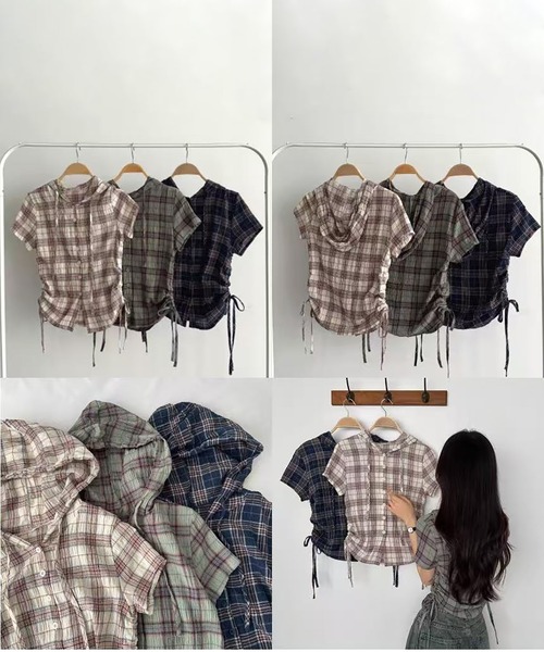 MAISON DE THERESE（メゾン ド テレーズ）の「フード＆ドローストリング付き 格子柄シャツ（シャツ/ブラウス・レディース・ネイビー/グリーン/ベージュ・S/M/L/XL/X-LARGE）」の16枚目の写真