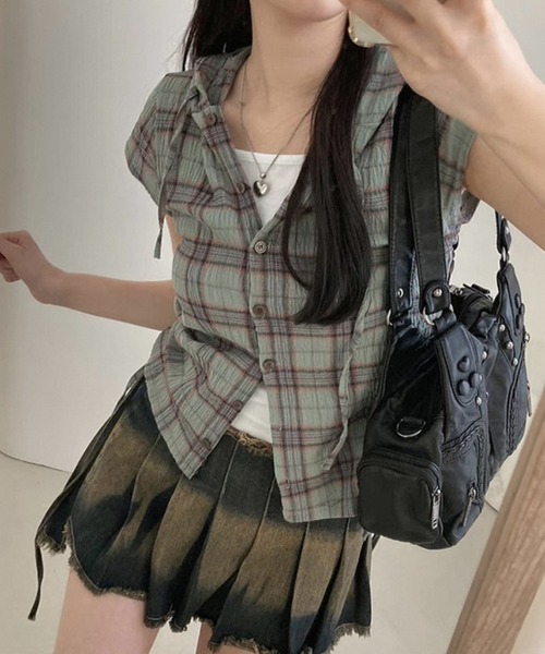 MAISON DE THERESE（メゾン ド テレーズ）の「フード＆ドローストリング付き 格子柄シャツ（シャツ/ブラウス・レディース・ネイビー/グリーン/ベージュ・S/M/L/XL/X-LARGE）」の22枚目の写真