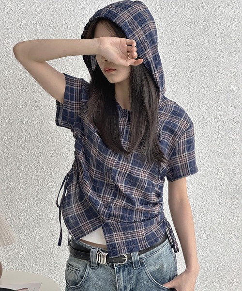 MAISON DE THERESE（メゾン ド テレーズ）の「フード＆ドローストリング付き 格子柄シャツ（シャツ/ブラウス・レディース・ネイビー/グリーン/ベージュ・S/M/L/XL/X-LARGE）」の13枚目の写真